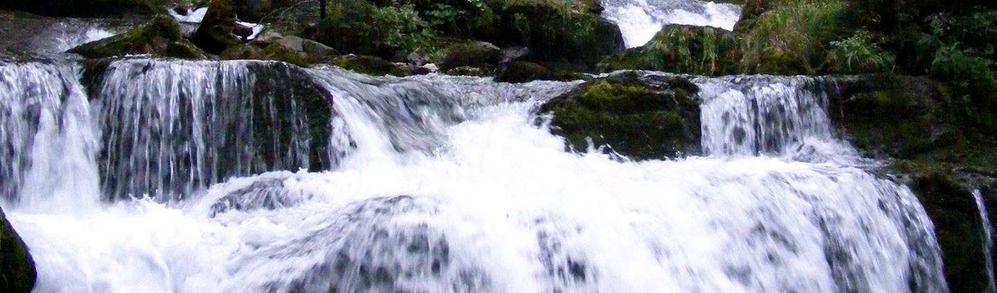 Detailaufnahme der Gießbachfälle bei Iseltwald, wie sie direkt von der Aare-Route aus zu sehen sind.