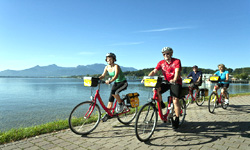 Mehrere Radler fahren an einem Seeufer entlang, im Hintergrund ein beeindruckendes Bergmassiv