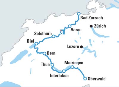 Geographischer Verlauf der Aare-Route von Oberwald nach Bad Zurzach