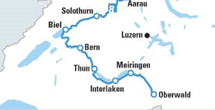 Landkarte mit dem Verlauf der Aare-Route von Oberwald nach Bad Zurzach